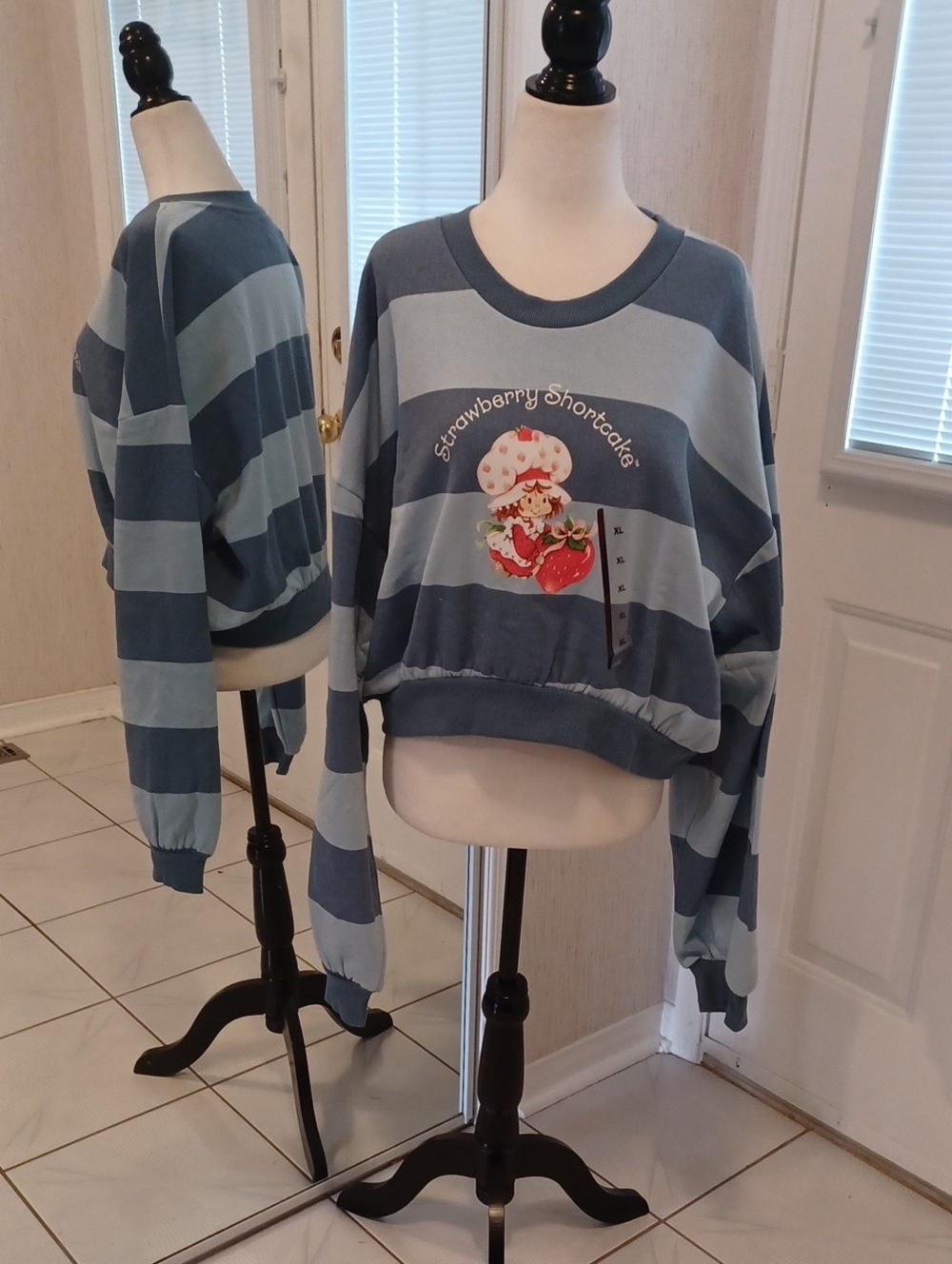 4/$60 New Strawberry Shortcake Blue Striped Cropped Sweatshirt - Size XL